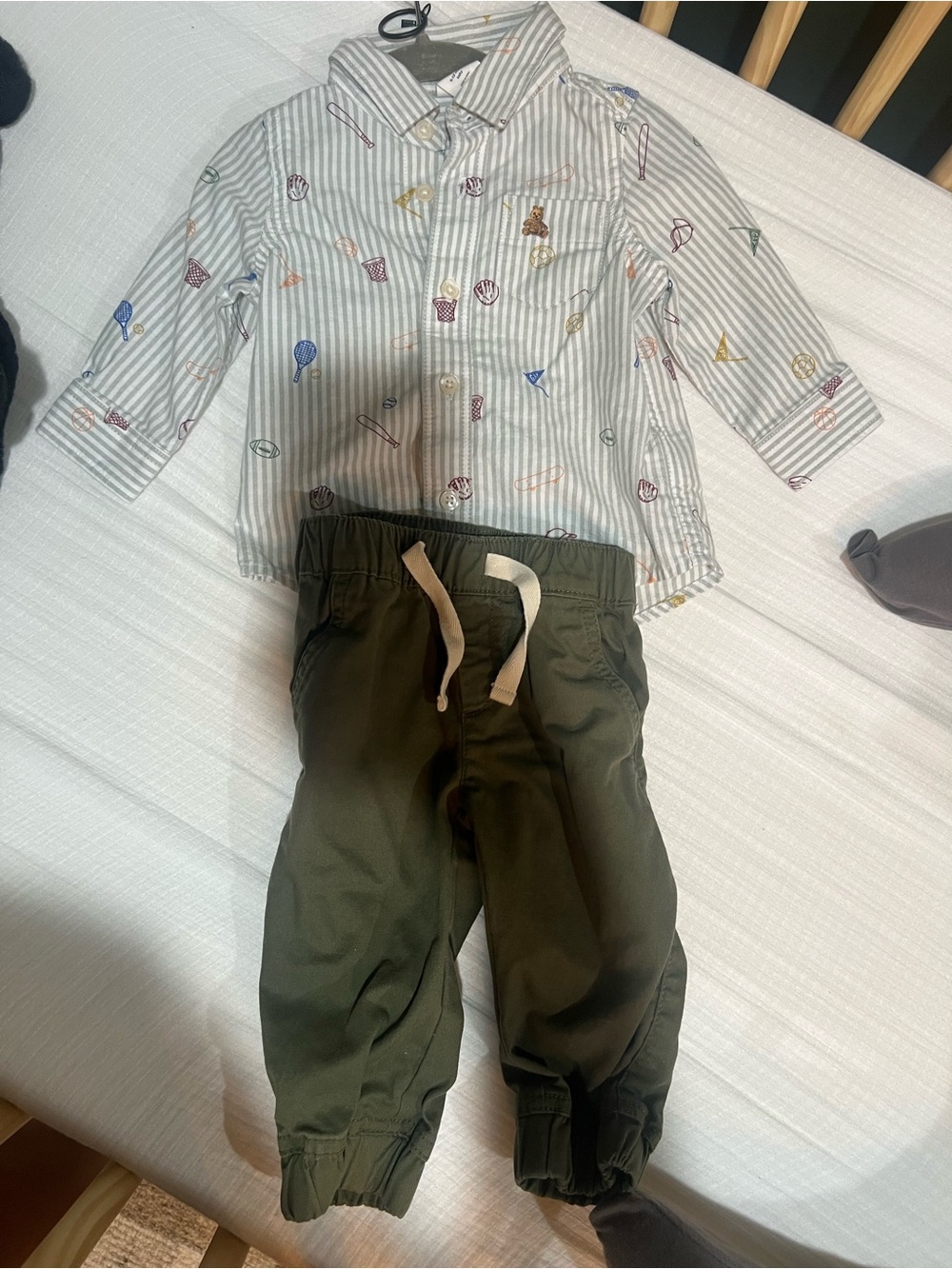 Baby Striped Button-Up Shirt & Olive Jogger Set - Multicolor Embroidery